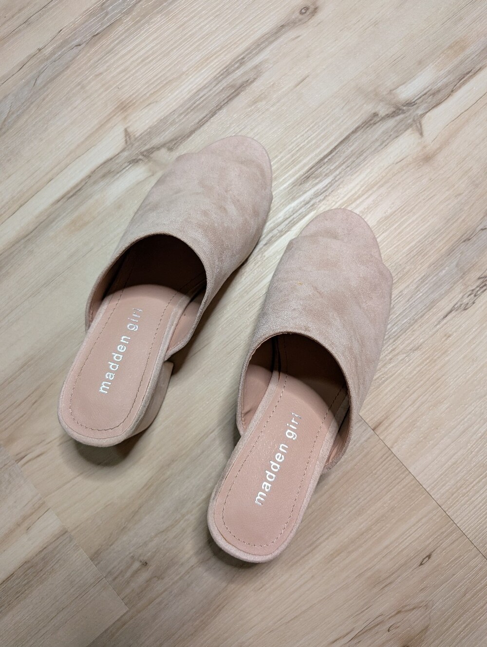 Blush pink faux suede Madden Girl mule heel slide